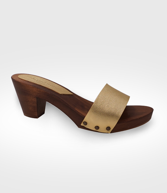 Zoccolo donna tacco 70 in legno e pelle oro